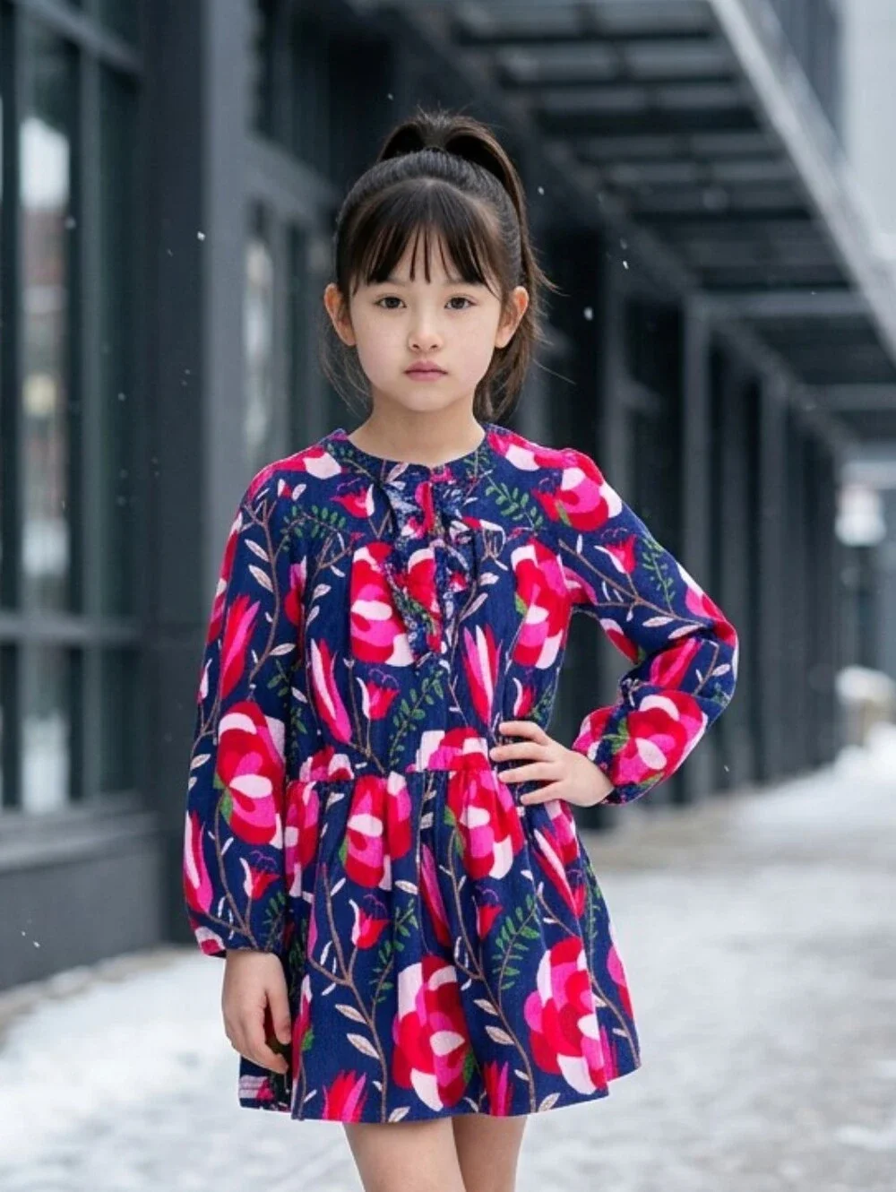 Old Navy Floral Corduroy Dress Girls 3T Navy Long Sleeve Colorful Fall Classic